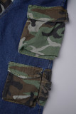 Blauwe casual straatcamouflageprint patchwork hoge taille rechte denim jeans