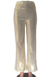 Champagne Casual Solid Patchwork Straight High Waist Wide Leg Solid Color Bottoms