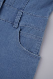 Hellblaue, legere, einfarbige, einfarbige, schmale Jeans-Jumpsuits mit Umlegekragen und langen Ärmeln