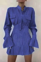 Ковбойские синие элегантные однотонные лоскутные платья трапециевидной формы с воротником-стойкой и карманом с пряжкой