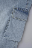 Jeans in denim a vita media con patchwork solido blu casual