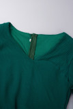 Vestido verde casual sólido patchwork com decote em V vestidos de manga curta