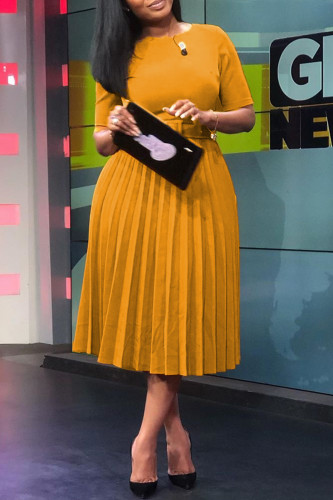 Yellow Casual Solid With Belt O Neck Pleated Plus Size Dresses