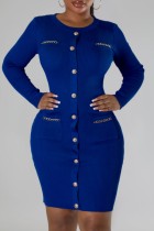 Blaue, lässige, solide Basic-Kleider mit O-Ausschnitt und langen Ärmeln
