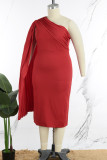 Красная повседневная однотонная лоскутная юбка-карандаш с косым воротником Платья больших размеров