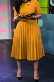 Желтые повседневные однотонные платья с поясом и круглым вырезом плиссированные платья больших размеров