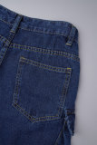 Blauwe casual straatcamouflageprint patchwork hoge taille rechte denim jeans