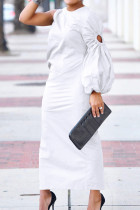 Белые уличные однотонные ажурные лоскутные длинные платья с высоким вырезом и круглым вырезом