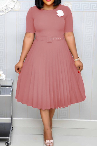Pink Casual Solid Patchwork With Belt O Neck Pleated Plus Size Dresses