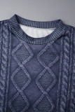 Deep Blue Casual Solid Patchwork O Neck Long Sleeve Two Pieces(Not Nnitted Fabric, Printed Texture)