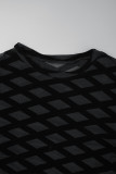 Vestidos pretos casuais patchwork transparentes com decote em O e manga comprida