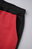 Rode casual patchwork contrasterende kraag met capuchon en lange mouwen, twee stukken