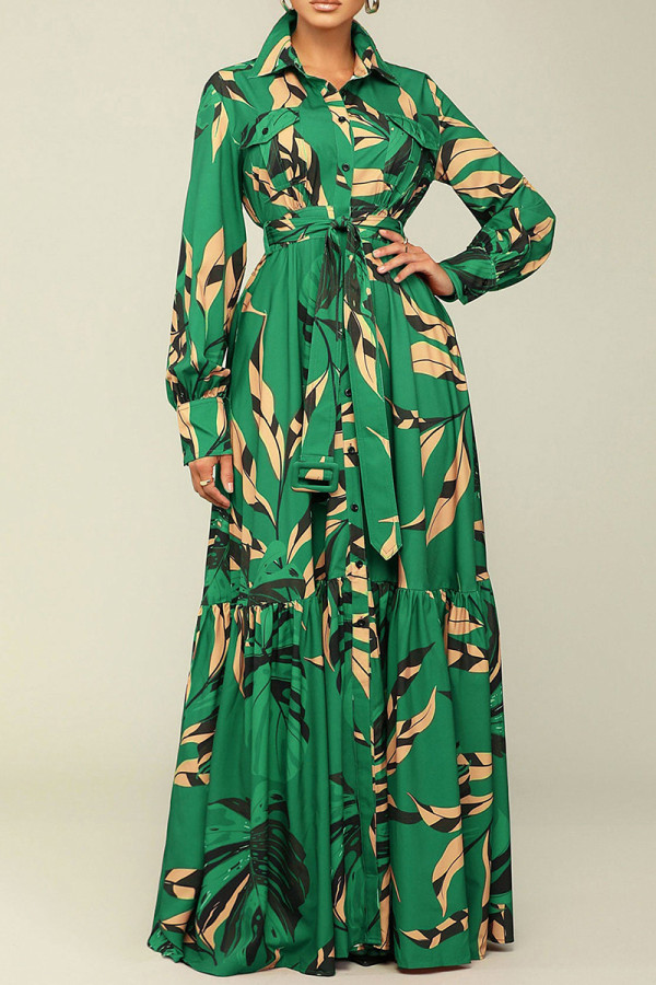 Зеленые уличные принты Бинты в стиле пэчворк Платье с рубашечным воротником и принтом Платья