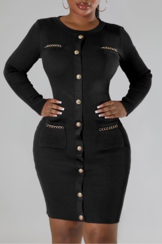 Black Casual Solid Basic O Neck Long Sleeve Dresses