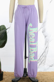 Фиолетовые повседневные базовые брюки с принтом, стандартные брюки с высокой талией и обычным принтом