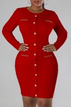 Vestidos vermelhos casuais sólidos básicos com decote em O e manga comprida