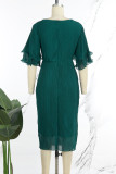 Groene casual effen patchwork jurk met V-hals en korte mouwen