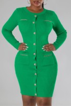 Зеленые повседневные однотонные базовые платья с длинным рукавом и круглым вырезом