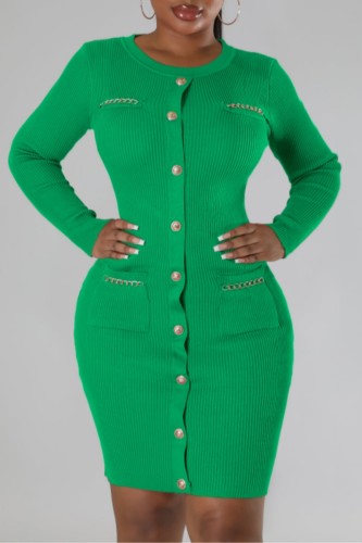 Green Casual Solid Basic O Neck Long Sleeve Dresses