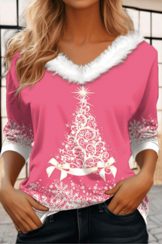 Top rosa con scollo a V patchwork stampato albero di Natale casual