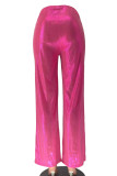 Розово-красный повседневный однотонный пэчворк Прямые широкие брюки с высокой талией однотонные плавки