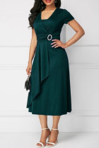 Grünes, lässiges, einfarbiges Patchwork-Kleid mit kurzen Ärmeln und V-Ausschnitt