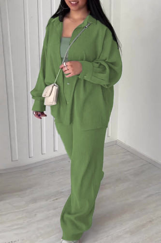Green Sweet Solid Patchwork Pocket Buckle Shirt Collar Long Sleeve Two Pieces