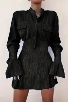 Zwarte elegante effen patchwork zakgesp mandarijn kraag A-lijn jurken