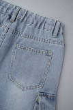 Blue Casual Solid Patchwork Mid Waist Cargo Denim Jeans