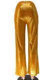 Orange décontracté solide Patchwork droit taille haute jambe large couleur unie bas