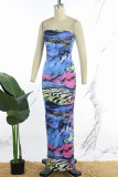 Blue Sexy Casual Print Backless Strapless Long Dress Dresses