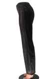 Schwarze, lässige, solide Patchwork-Hose mit gerader, hoher Taille und weitem Bein in einfarbiger Farbe