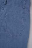 Hellblaue, legere, einfarbige, einfarbige, schmale Jeans-Jumpsuits mit Umlegekragen und langen Ärmeln