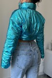 Blå Casual Solid Patchwork Ytterkläder med blixtlåskrage