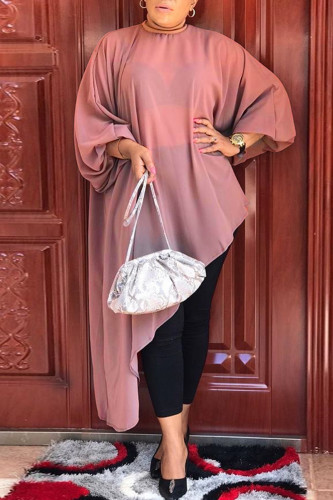 Brown Casual Solid Asymmetrical Turtleneck Long Sleeve Plus Size Dresses