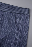Blu scuro casual tinta unita patchwork o collo manica lunga due pezzi (tessuto non lavorato a maglia, trama stampata)