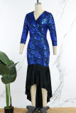 Blå sexigt tryck Patchwork V-ringad klänning klänningar