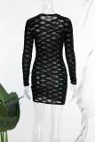 Black Casual Patchwork See-through O Neck Long Sleeve Dresses