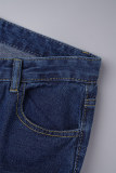 Jeans in denim dritto a vita alta patchwork con stampa mimetica casual blu