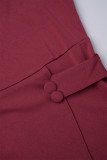 Burgunderfarbenes, legeres, einfarbiges Patchwork-Kleid mit O-Ausschnitt und kurzen Ärmeln