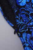 Blaue sexy bedruckte Patchwork-Kleider mit V-Ausschnitt und bedrucktem Kleid