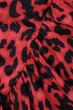 Burgundy Casual Print Leopard Patchwork Turndown Collar Irregular Dress Dresses