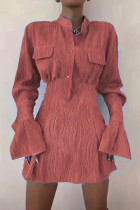 Мандариновые элегантные однотонные лоскутные платья с карманами и пряжкой, воротник-стойка, платья трапециевидной формы