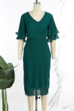 グリーン カジュアル ソリッド パッチワーク V ネック 半袖 ドレス ドレス