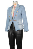 Célébrités bleu clair solide Patchwork poche boucle boutons Cardigan col manches longues veste en jean régulière