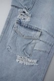 Blue Casual Solid Patchwork Mid Waist Cargo Denim Jeans