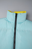 Blue Yellow Casual Solid Patchwork Zipper Turtleneck Outerwear