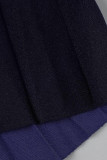 チベットブルーカジュアルソリッドパッチワークベルト付きOネックプリーツプラスサイズドレス