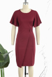Burgunderfarbenes, legeres, einfarbiges Patchwork-Kleid mit O-Ausschnitt und kurzen Ärmeln