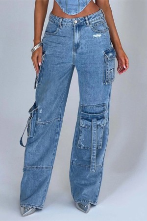 Blue Casual Pocket Low Waist Regular Wide Leg Cargo Denim Jeans